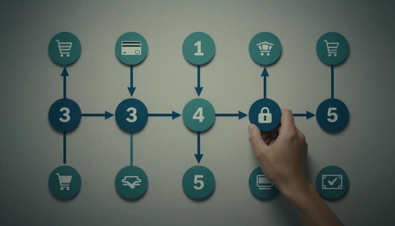 Visual flowchart illustrating the 9-step payment transaction process from customer click to bank approval, with simple numbered icons like shopping cart, credit card, lock, checkmark, and money bag connected by arrows on a neutral background.