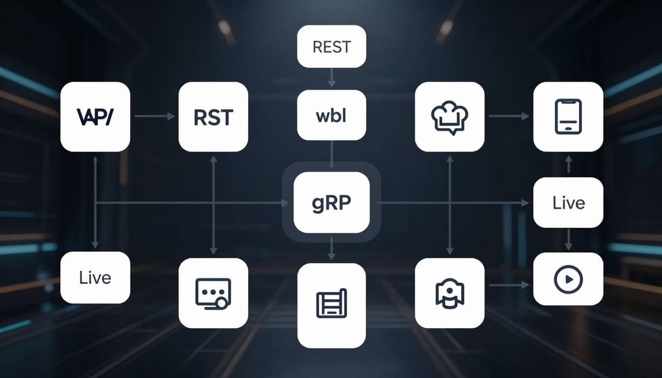 Diverse API icons and symbols in a flowchart style branching from REST, GraphQL, gRPC, WebSockets to app types like web, mobile, live on a modern tech hub background.