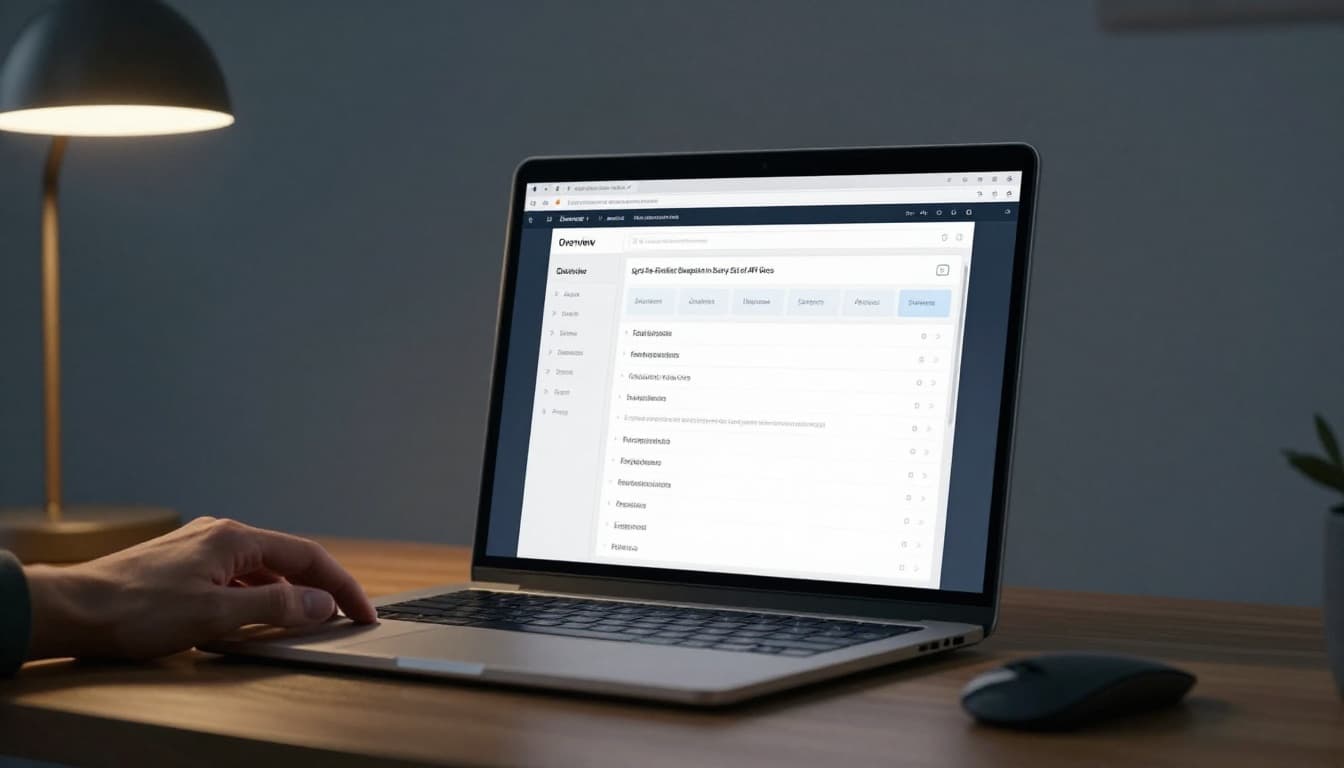 A laptop screen on a modern wooden desk shows structured API documentation with visible tabs like Overview, Authentication, Endpoints, and Reference, alongside keyboard, mouse, and warm desk lamp lighting in a cinematic style.