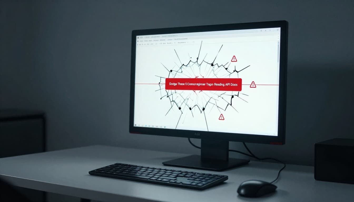 Dimly lit desk with a computer screen displaying red error icons and a cracked glass effect, symbolizing common API pitfalls. Dramatic shadows, cinematic lighting in muted blues and grays, with mouse and keyboard pushed aside.