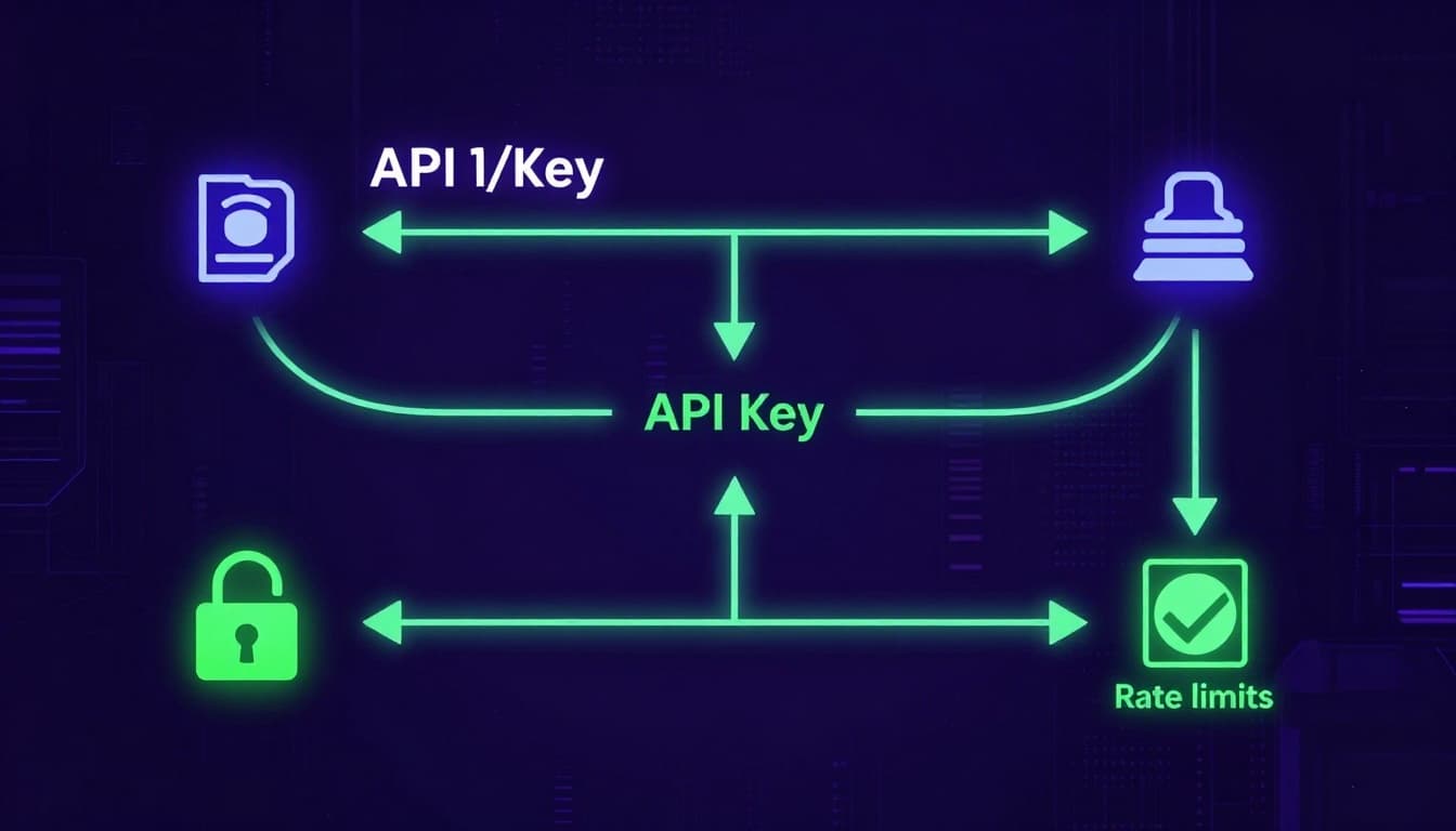 Simple flowchart diagram illustrating the API key authentication flow from client to server validation with database check, in cinematic cyberpunk style with neon glows on a dark blue-purple background.