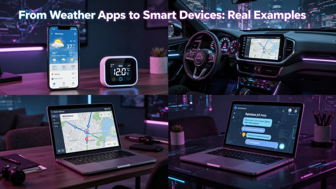 Cinematic cyberpunk composition of smartphone weather app, smart thermostat, car rideshare dashboard, and laptop AI chatbot in a dimly lit modern home office with neon glows.