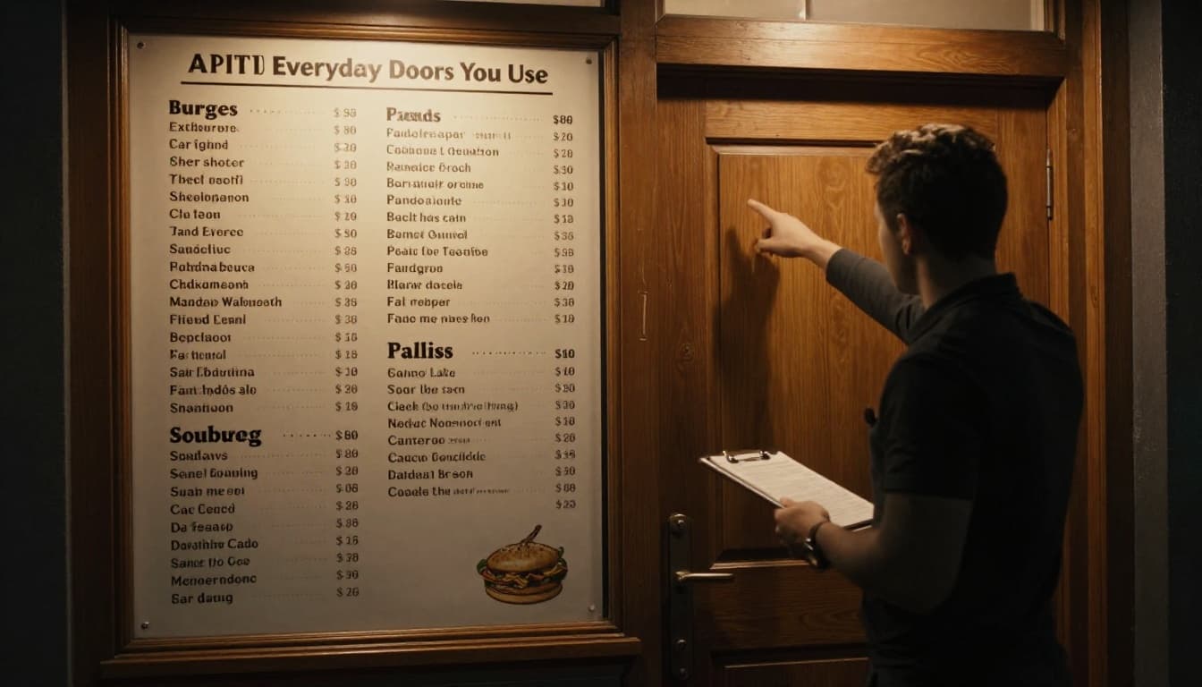 A cinematic view of a busy restaurant entrance with a large menu board displaying dishes like burgers and salads, customers pointing to order, one waiter with notepad, warm evening lighting, and earthy tones.