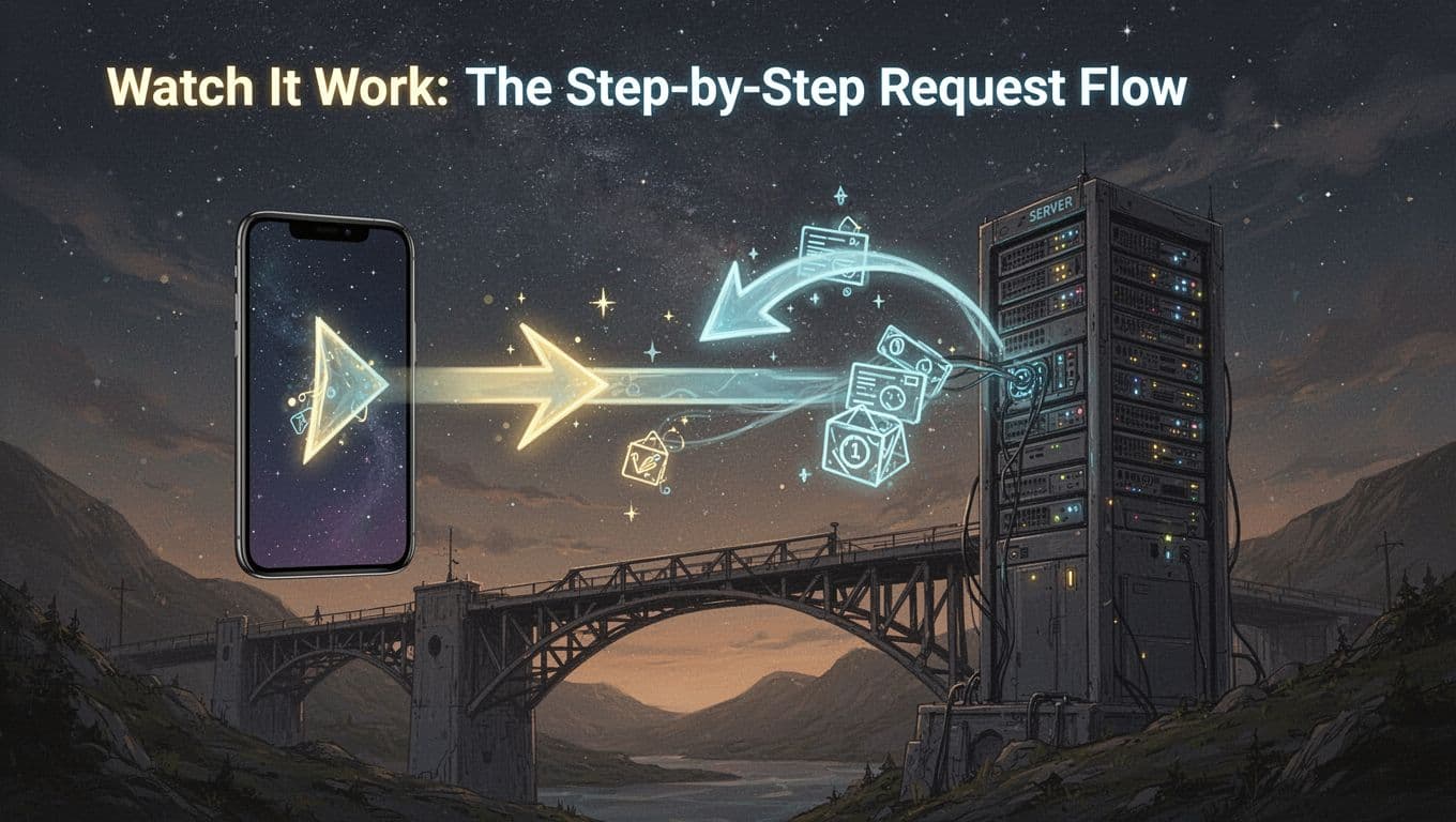 A smartphone client sends a glowing arrow request across a network bridge to a server tower, with a response arrow returning a data packet, set against a starry night sky in cinematic style with dramatic lighting, contrast, and neon glows on earthy tones.