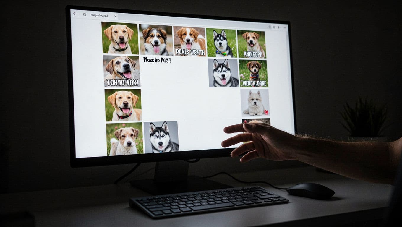 A computer monitor displays a grid of adorable dog images featuring breeds like Labrador and Husky, with an empty area for fun captions. A keyboard and mouse sit in front, with one relaxed hand hovering above, illuminated by dramatic side lighting, strong contrast, and depth of field in a cinematic style.