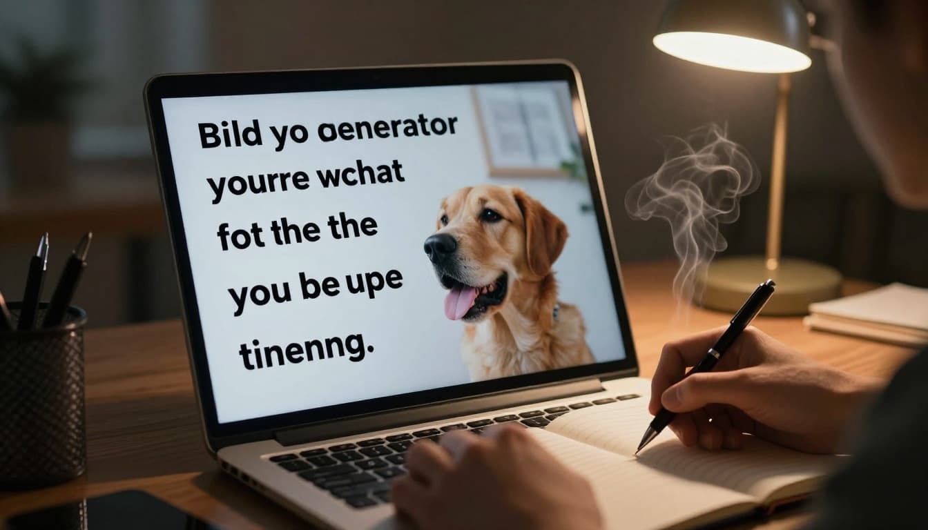 Laptop screen angled on a desk displays a motivational quote overlaid on a dog image, with a notebook, pen, steaming coffee, and a relaxed developer hand nearby in a dramatically lit cozy evening office.
