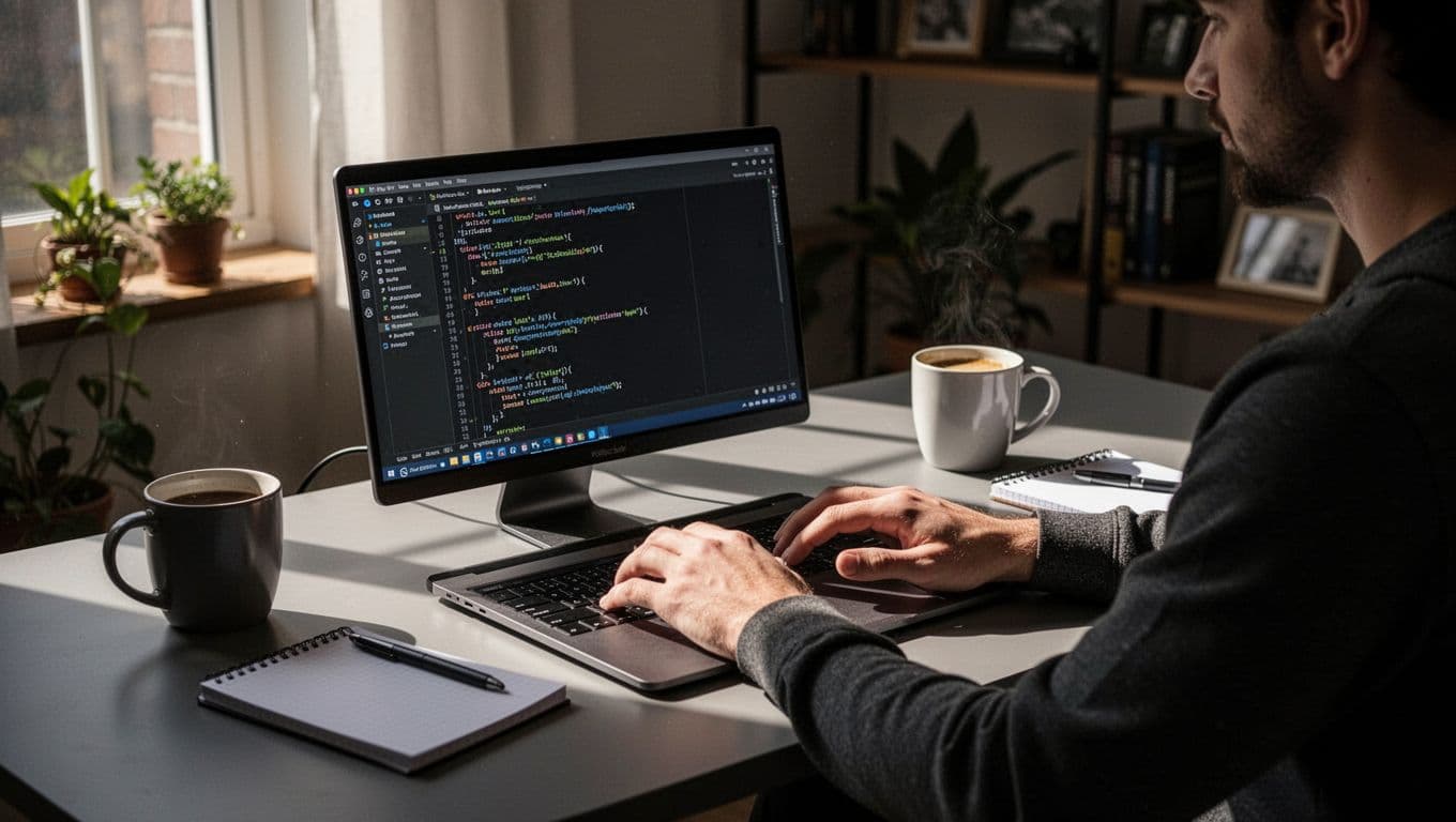 A single developer sits at a modern desk in a cozy daytime home office, laptop displaying VS Code with JavaScript API code (no readable text), coffee mug and notepad nearby, hands relaxed on keyboard.