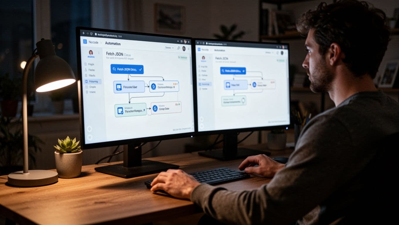 One person focused on dual monitors in a cozy home office at night, displaying a no-code automation dashboard for fetching and filtering JSON data, with soft lamp lighting and dramatic shadows.