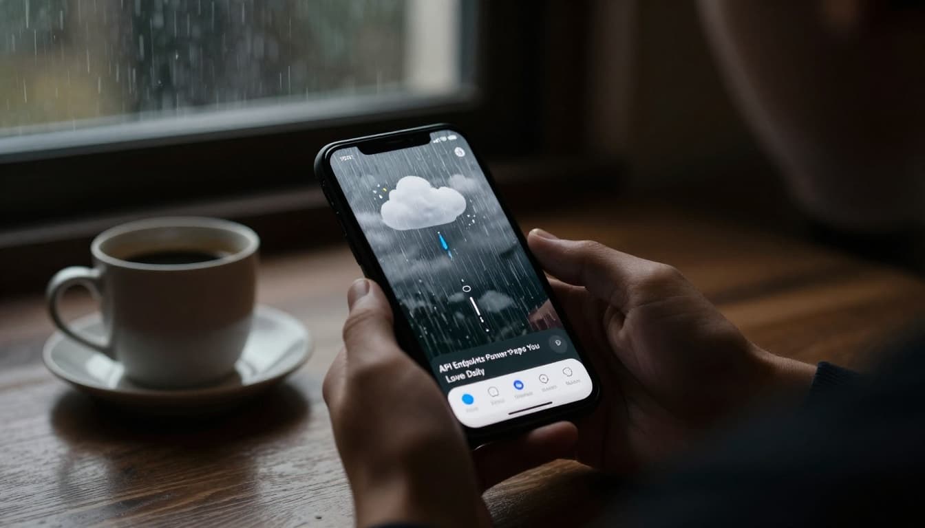 Person holding smartphone displaying weather app with rainy clouds and temperature, coffee mug on table in cozy indoor space with window rain, cinematic style.