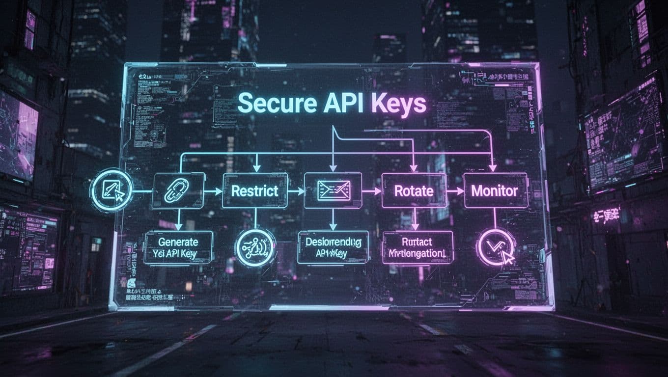 Cinematic cyberpunk flowchart on a holographic screen illustrating steps for secure API key management: generate, restrict, rotate, monitor. Dark blue-purple background with neon glows, strong contrast, and dramatic lighting.