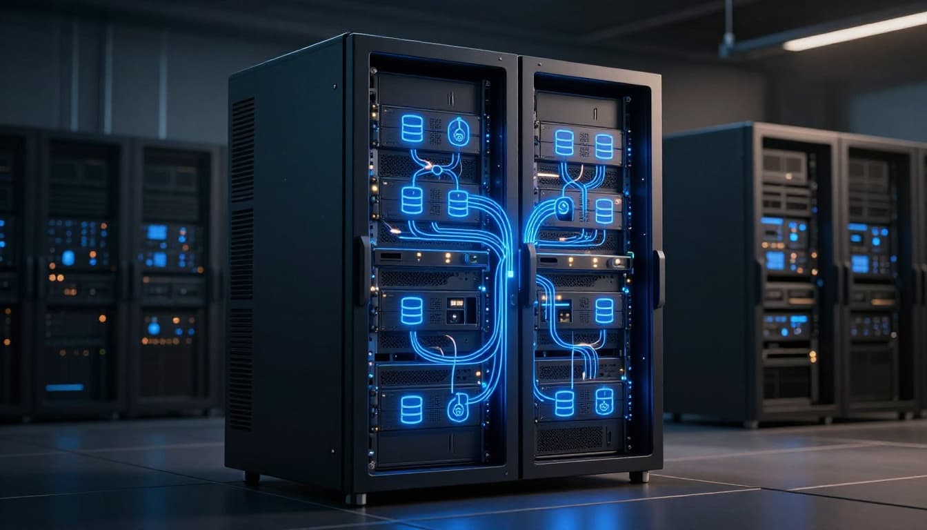 A server rack in a modern data center with edge nodes, load balancers, and database icons processing an incoming API request, featuring visualized data flows as streams and blinking lights in cinematic cool blue tones.