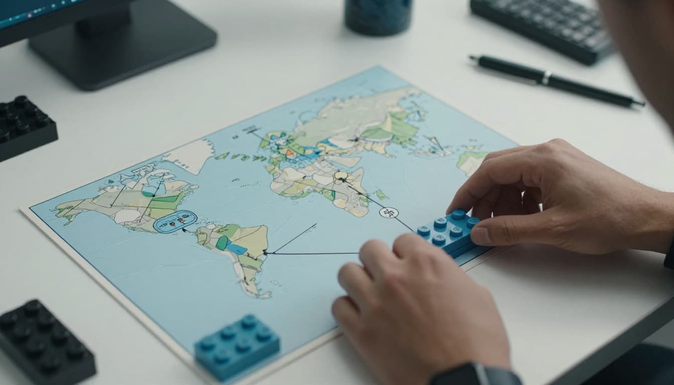 Developer snapping colorful Lego-like blocks representing APIs connecting services like maps, payments, and weather on a bright modular workbench, in cinematic style with strong contrast, depth, and dramatic overhead lighting. Muted blue-gray tones, desaturated palette, exactly one person with hands naturally placing blocks.