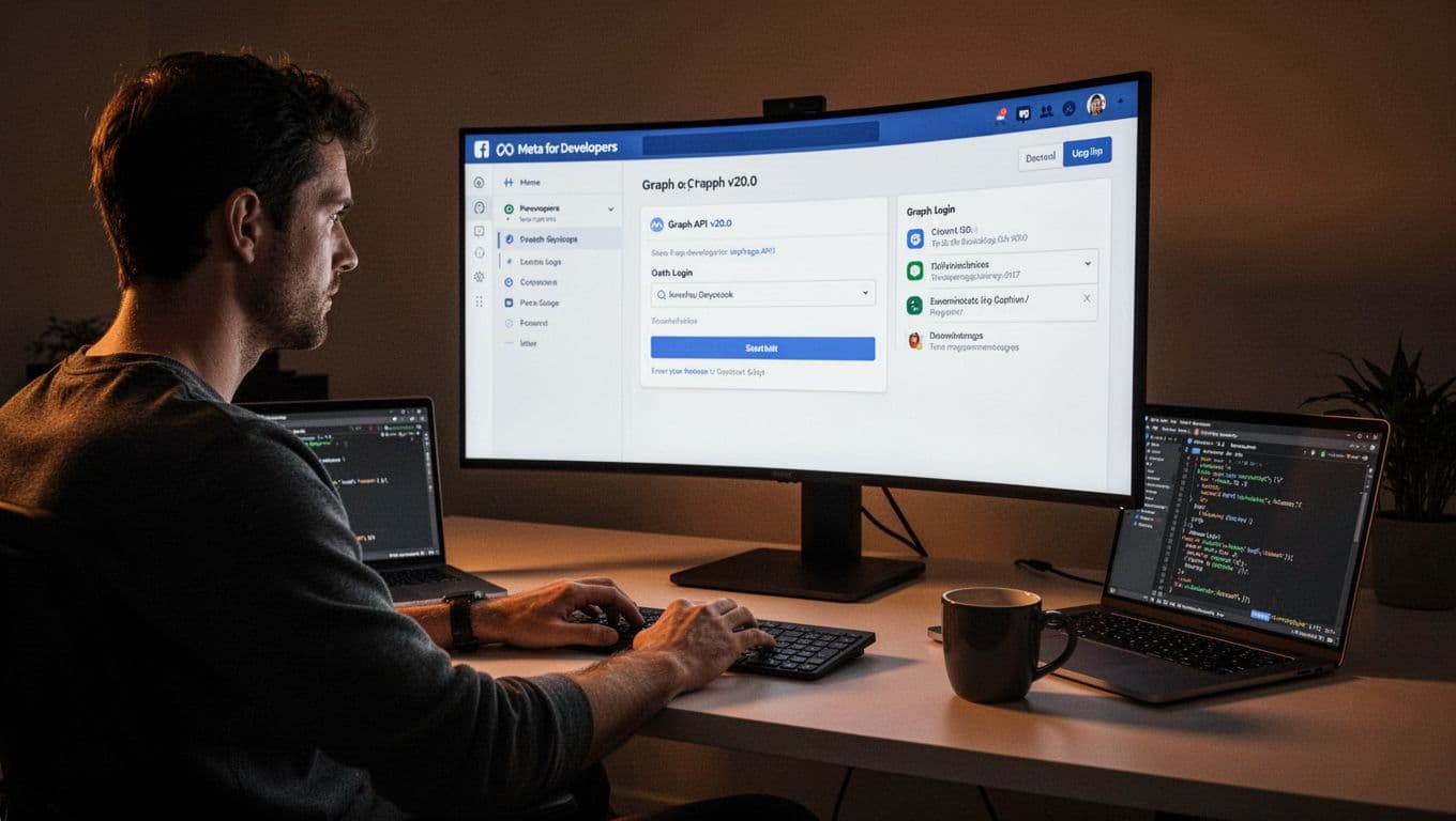 A single developer seated at a modern desk in a dimly lit room, using a large curved screen displaying the Meta for Developers dashboard for app creation and OAuth login settings with Graph API v20.0, alongside a laptop with code editor and coffee mug, in cinematic style with dramatic warm glow lighting.