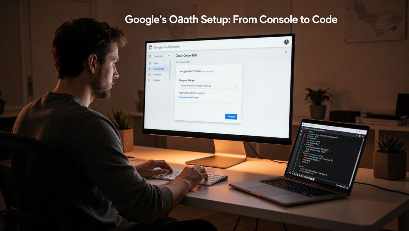 A developer sits focused at a modern desk in a dimly lit room, viewing a large screen with simplified Google Cloud Console interface for OAuth credentials setup, laptop with code nearby, cinematic style with dramatic screen glow lighting.