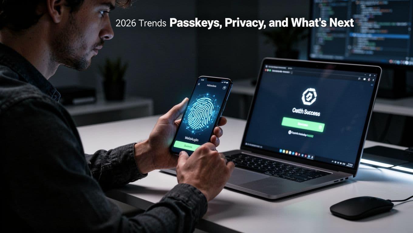 A focused developer in a dimly lit cinematic workspace holds a smartphone displaying a glowing fingerprint scanner for passkey WebAuthn login, with a nearby laptop showing OAuth success.