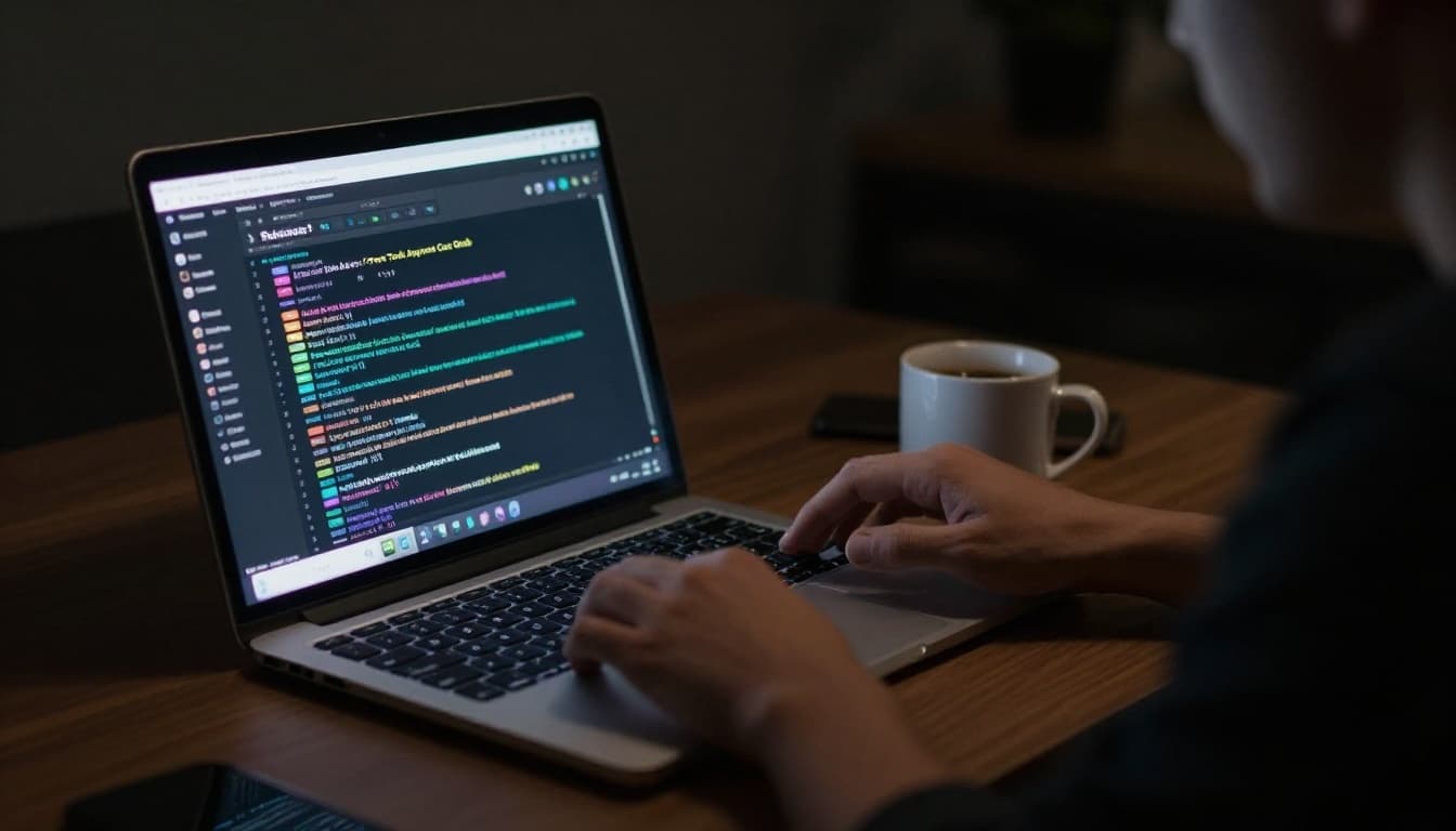 Developer at modern desk in dimly lit room with laptop showing colorful weather and social media API data, coffee mug nearby, dramatic lighting and cinematic depth of field.