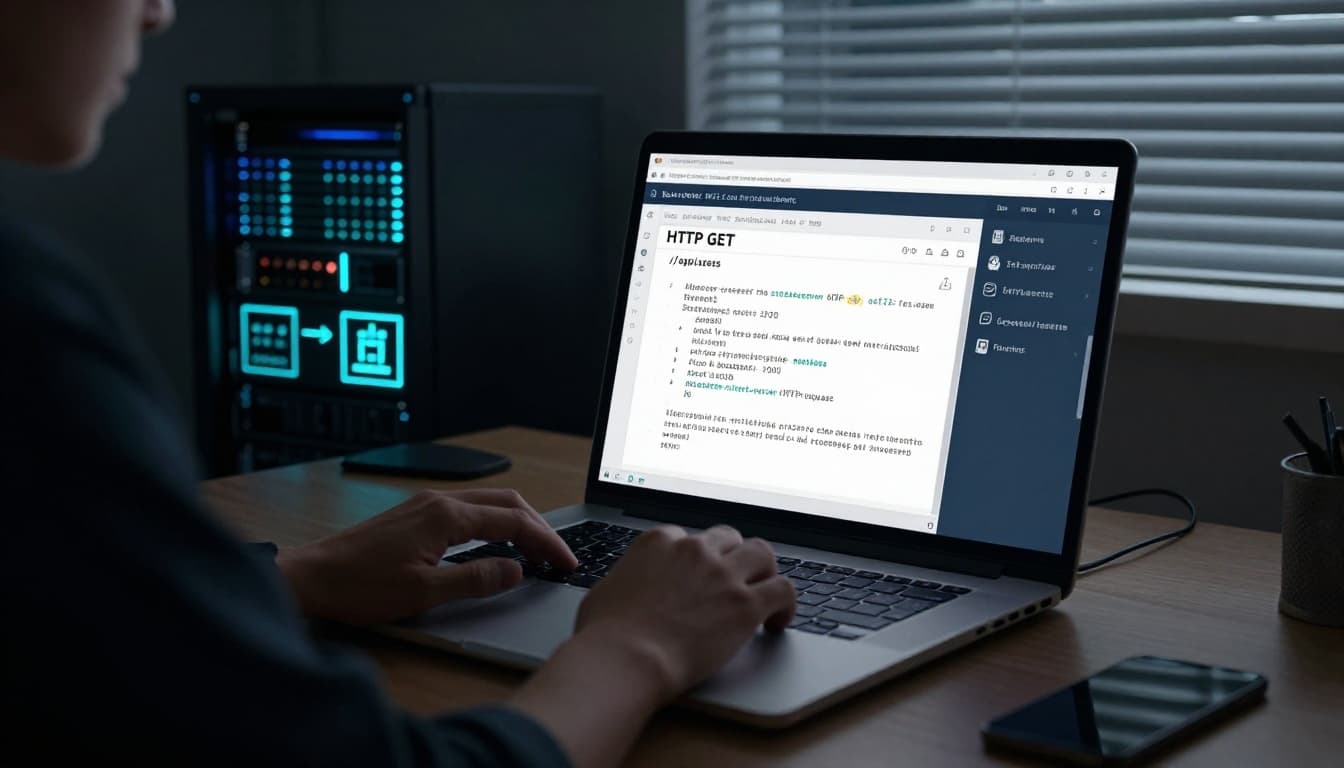 A developer at a modern desk views a laptop screen showing a simple HTTP GET request, with an arrow to a glowing server rack representing the response, and subtle statelessness and cache icons, in a cinematic dimly lit office.