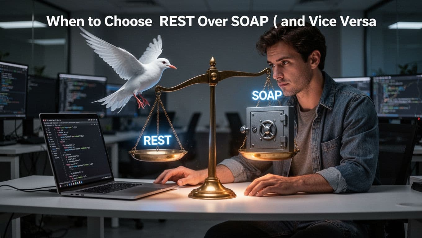 A lone developer in a dimly lit tech office contemplates a glowing balance scale where a swift bird labeled REST tips high against a heavy vault labeled SOAP, with an open laptop showing API endpoints in dramatic cinematic lighting.