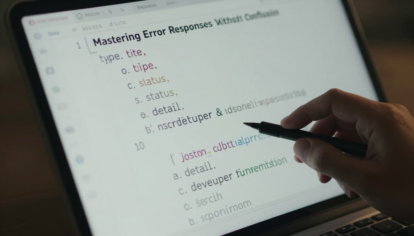 Close-up of a developer thoughtfully reviewing a structured JSON error response on a code editor screen in a cinematic office setting with dramatic lighting.