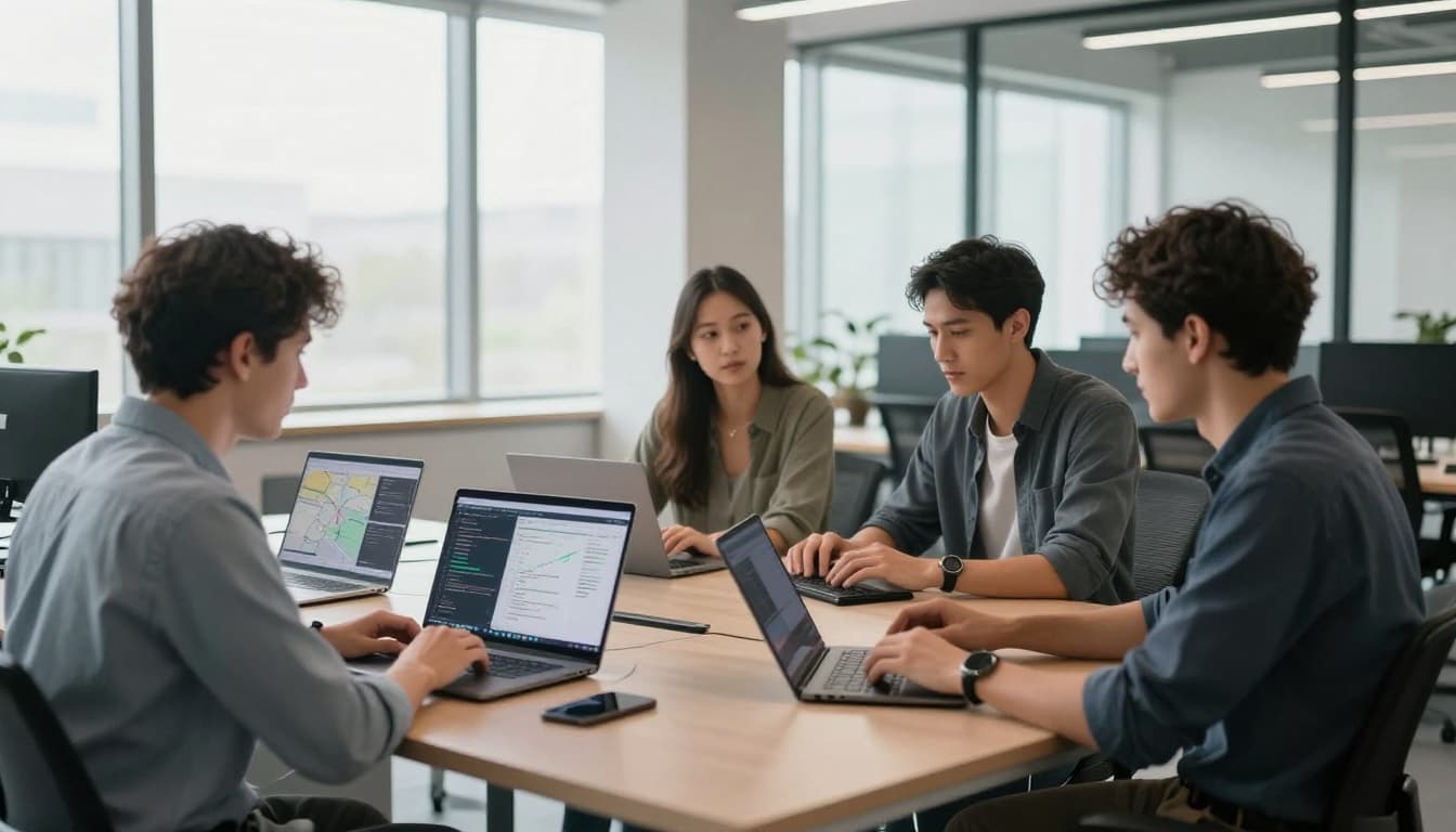 Three developers in a bright open office collaborate on code using a public API, laptops displaying maps and data integrations, cinematic style with dramatic window lighting.