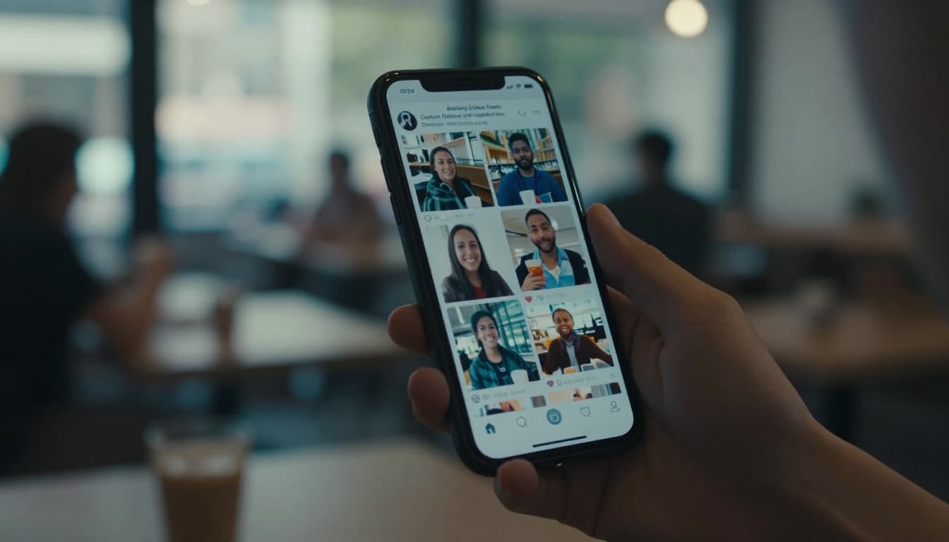 A hand naturally holds a mobile phone displaying an endless scrolling social media feed with photos, videos, and comments in a personalized layout, set in an outdoor cafe with natural light, dynamic downward pull, cinematic style, strong contrast, depth, and dramatic lighting in cool blue tones.