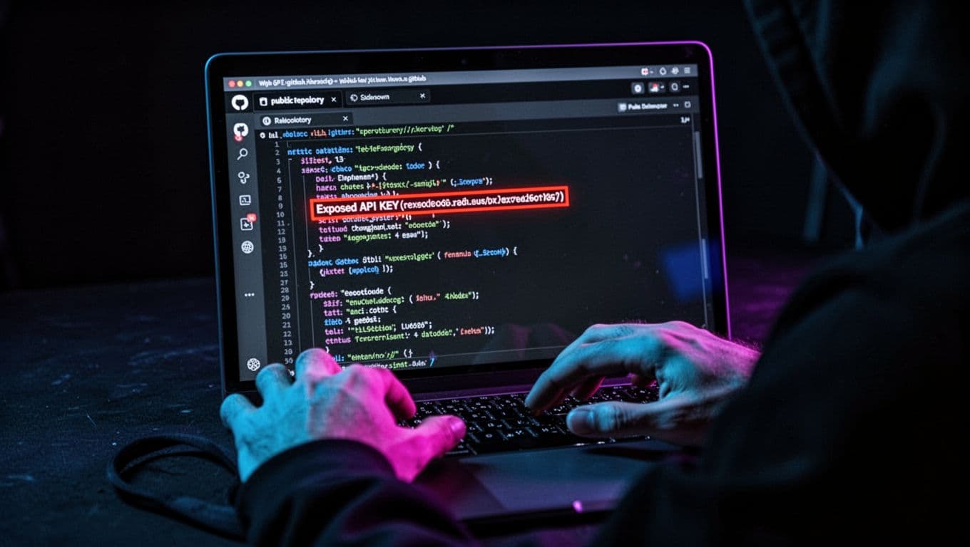 Close-up view of a laptop screen displaying a public GitHub code repository with an exposed API key highlighted in red, hacker's hands relaxed on keyboard in a dark room with dramatic neon blue and purple lighting.