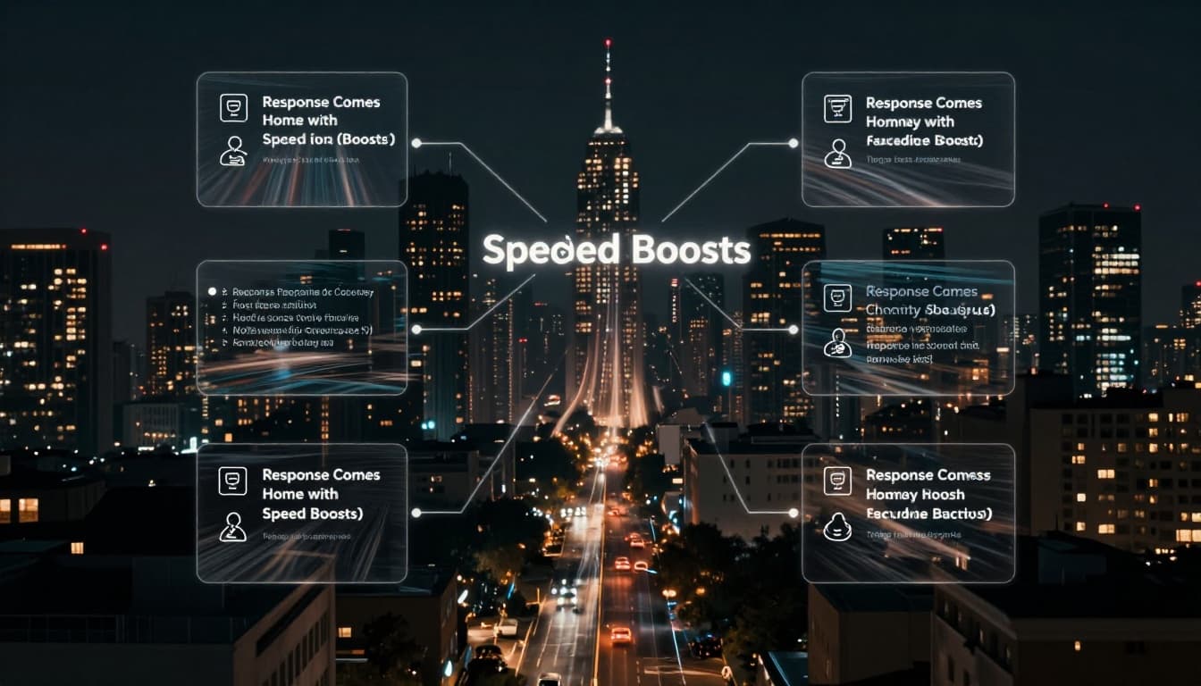 Response data packet speeding back through networks with caching layers at edge and client side icons, fast motion blur on data streams, city skyline background in cinematic style with strong contrast, depth, dramatic lighting, and neon accents.