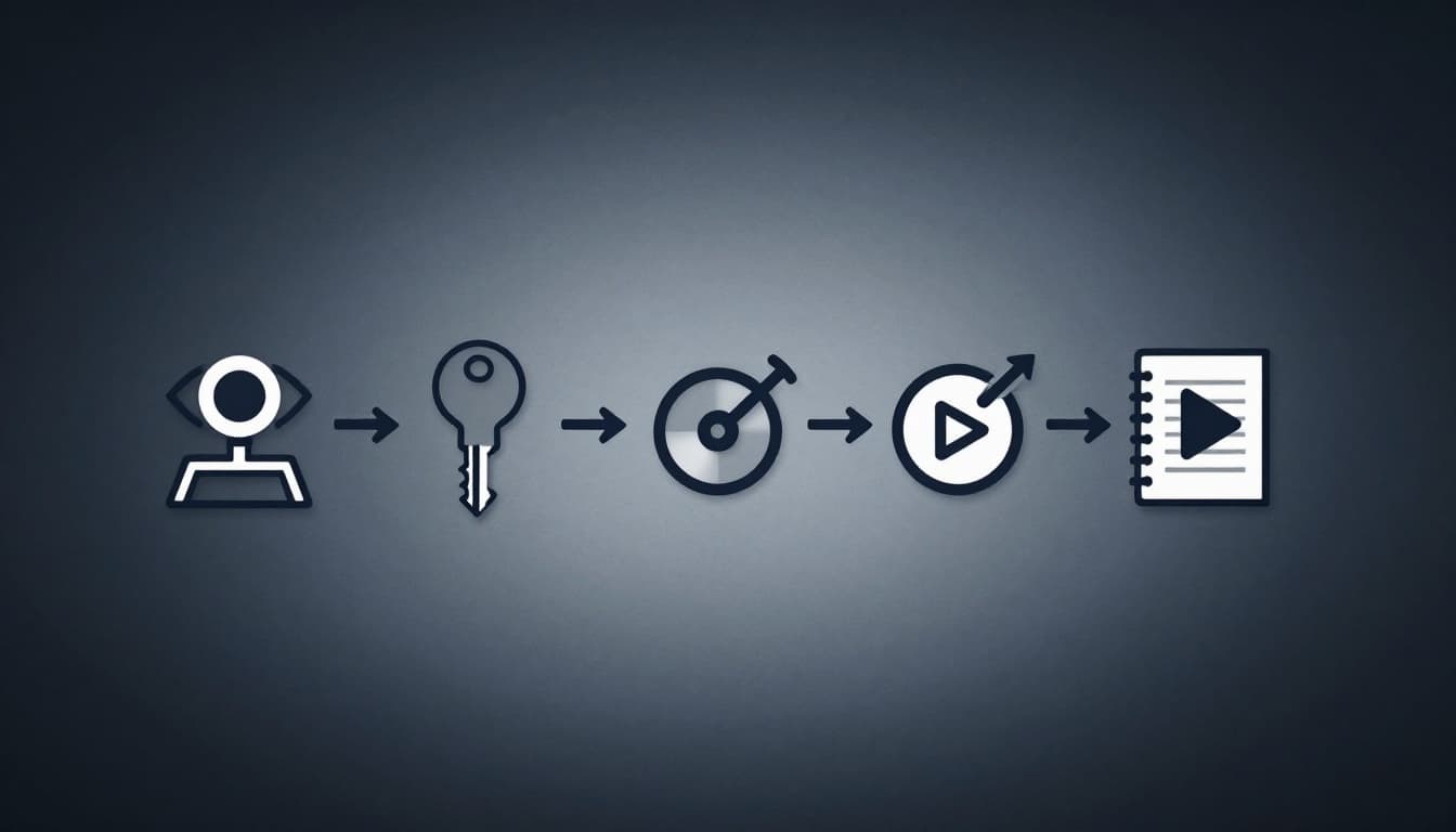 Clean horizontal flowchart featuring five icons in sequence—eye for overview, key for authentication, target for endpoint, play button for testing, notebook for notes—connected by arrows on a subtle gradient desk texture background in muted blues and grays with cinematic lighting.