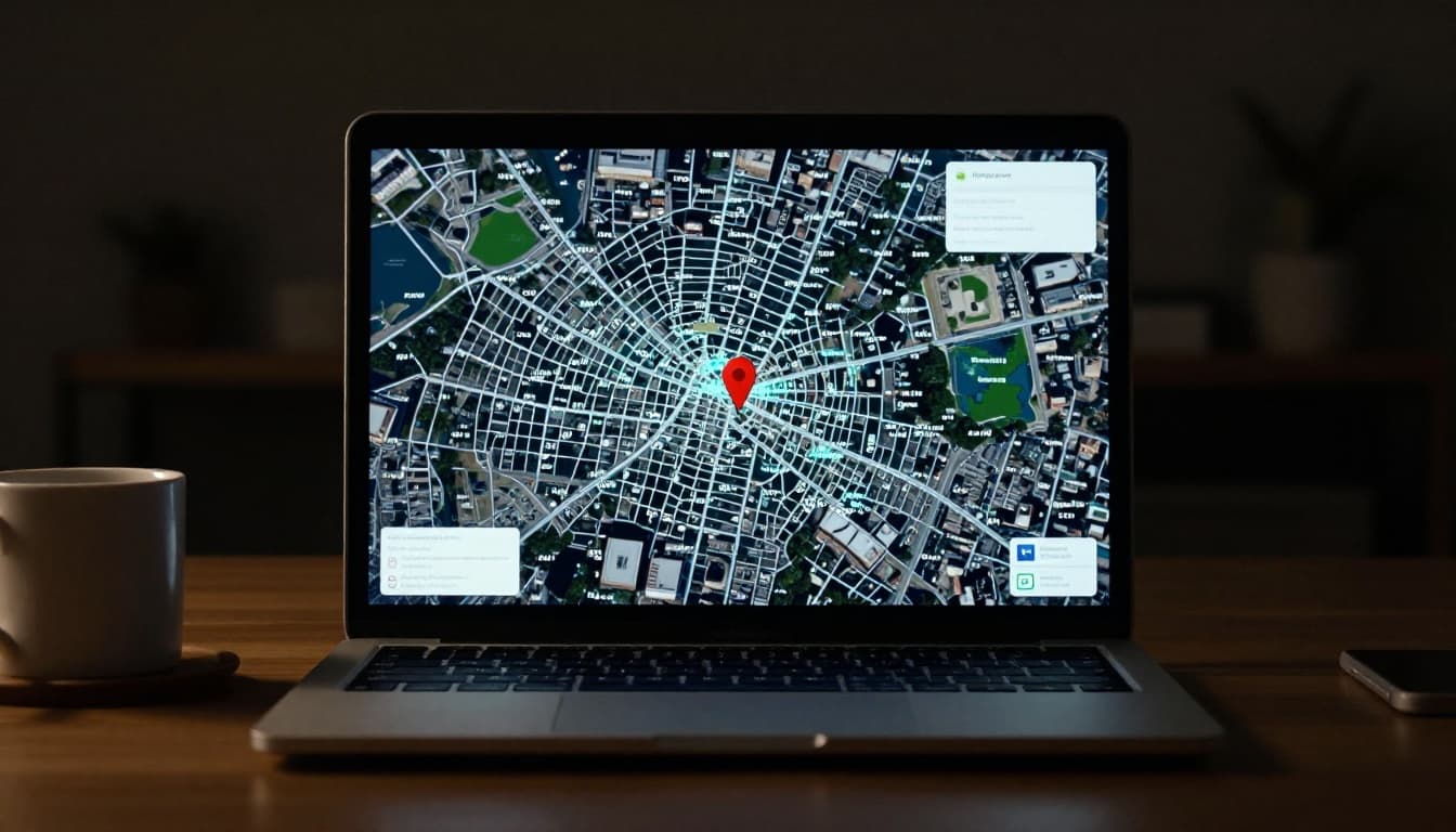Laptop screen displaying a dynamic map converting an address to glowing latitude and longitude coordinates with a red pin on a hybrid street-satellite urban view, in a cozy desk setting with cinematic lighting.