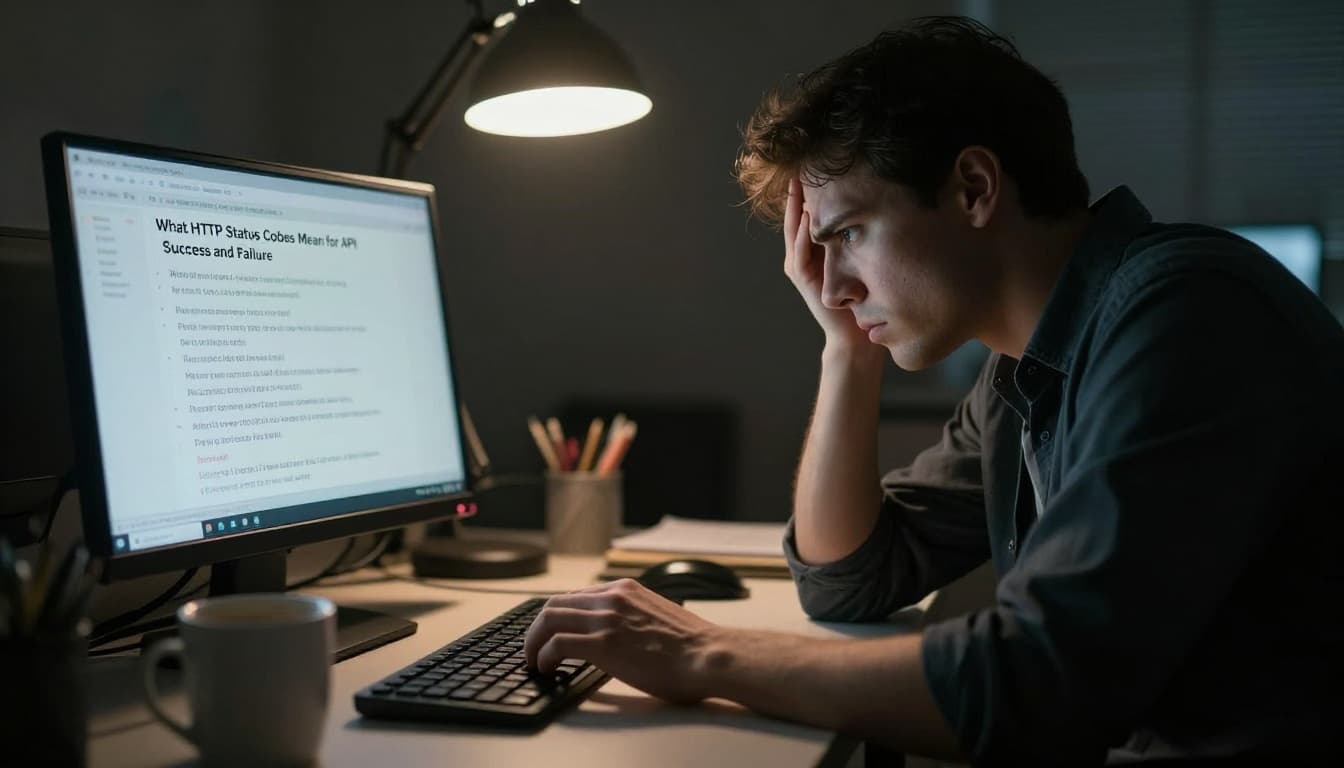 A lone developer sits at a desk in a dimly lit office, staring in frustration at a laptop screen displaying a blurred vague API error like 500 Internal Server Error, with a coffee mug nearby and dramatic cinematic lighting from a single desk lamp.