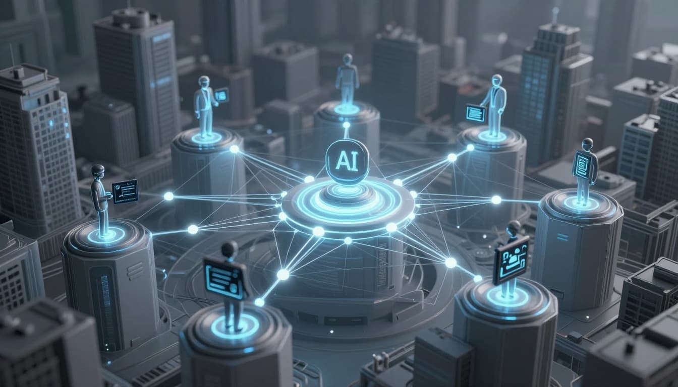 Glowing nodes and connections form a futuristic network representing AI agents chaining APIs with IoT devices in a smart city, featuring cinematic style, strong contrast, depth, and dramatic neon lighting in muted blue-gray tones.