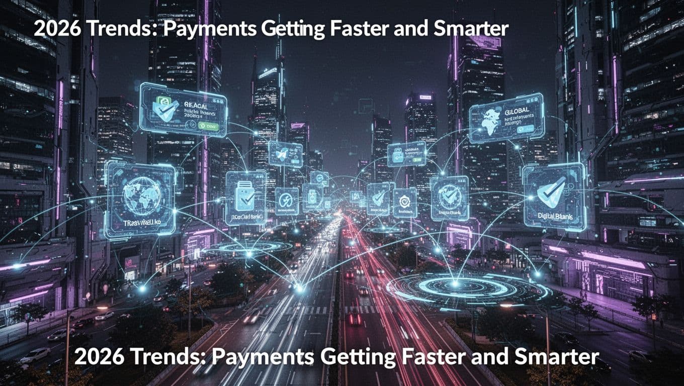 Panoramic night scene of a futuristic cityscape featuring floating holographic payment interfaces for instant global bank transfers and digital wallet connections, rendered in cinematic style with dramatic neon blue and purple lighting.