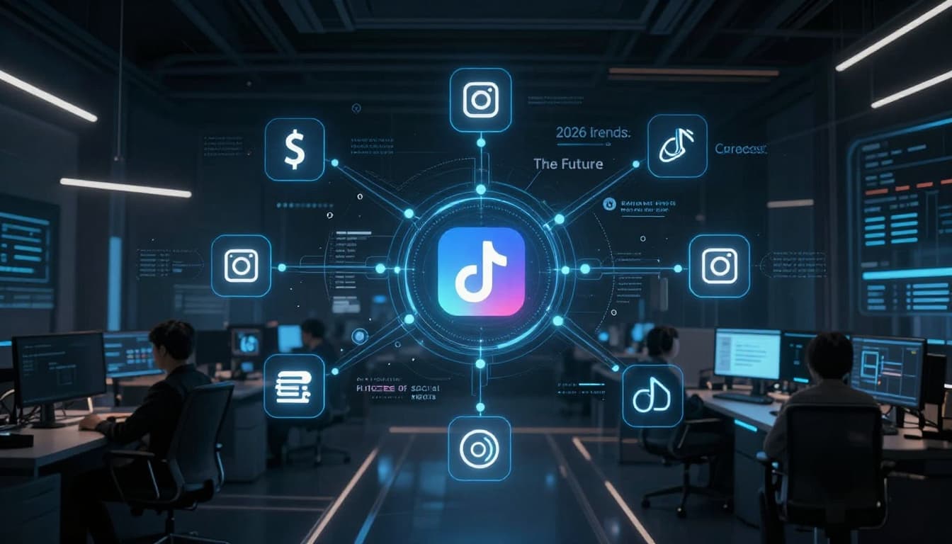 Futuristic dashboard with interconnected API nodes representing social platforms like Instagram, TikTok, and Meta, featuring glowing data flows for ads and trends in a dark tech office with cinematic neon lighting and cool blue tones.