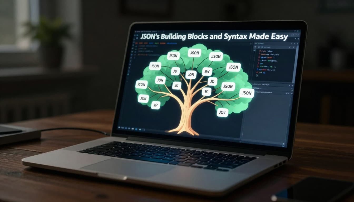 A glowing tree diagram visualizes a nested JSON data structure on a dark wooden desk next to a laptop screen displaying code, in a cinematic close-up with dramatic side lighting and depth of field.