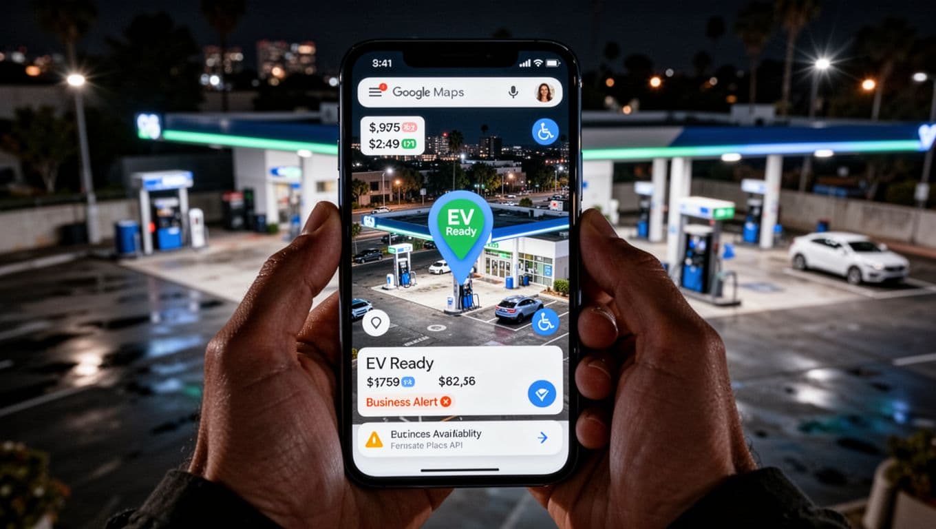 Smartphone held in hands displaying Google Maps with detailed urban gas station pin showing EV charger 'EV Ready' icon, gas prices, parking, wheelchair accessibility, entrance, and alert in hybrid night street-satellite view with cinematic lighting.