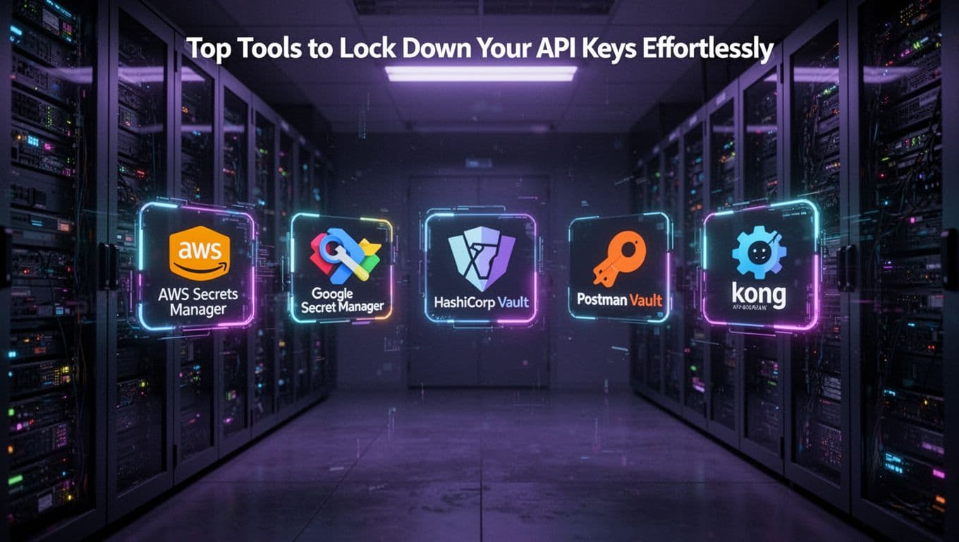 Holographic interface in a cyberpunk server room displaying icons for AWS Secrets Manager, Google Secret Manager, HashiCorp Vault, Postman Vault, and Kong API gateway, with neon glows and dramatic lighting.