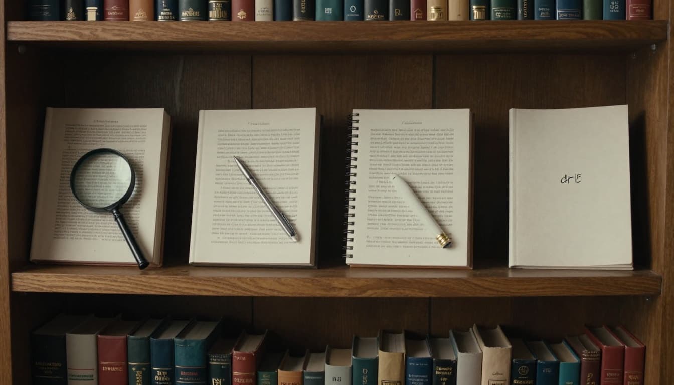 Four books on a wooden library shelf analogize HTTP methods: magnifying glass for read (GET), pen for create (POST), eraser for update (PUT), closing for delete (DELETE), in cinematic style with earthy tones.