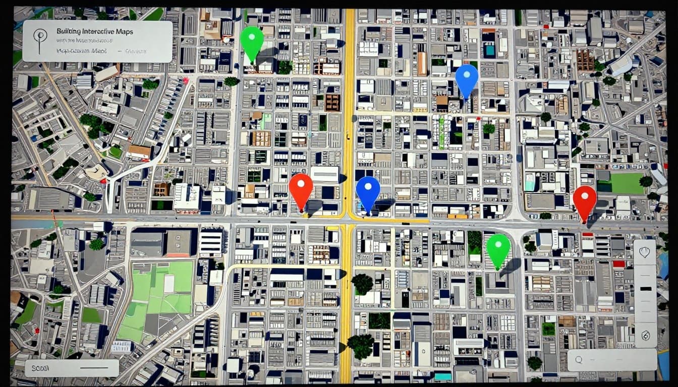 Close-up of an interactive digital map showing a city neighborhood with several custom colored pins marking restaurant locations, hybrid street and satellite view, visible zoom slider and street view pegman icon.