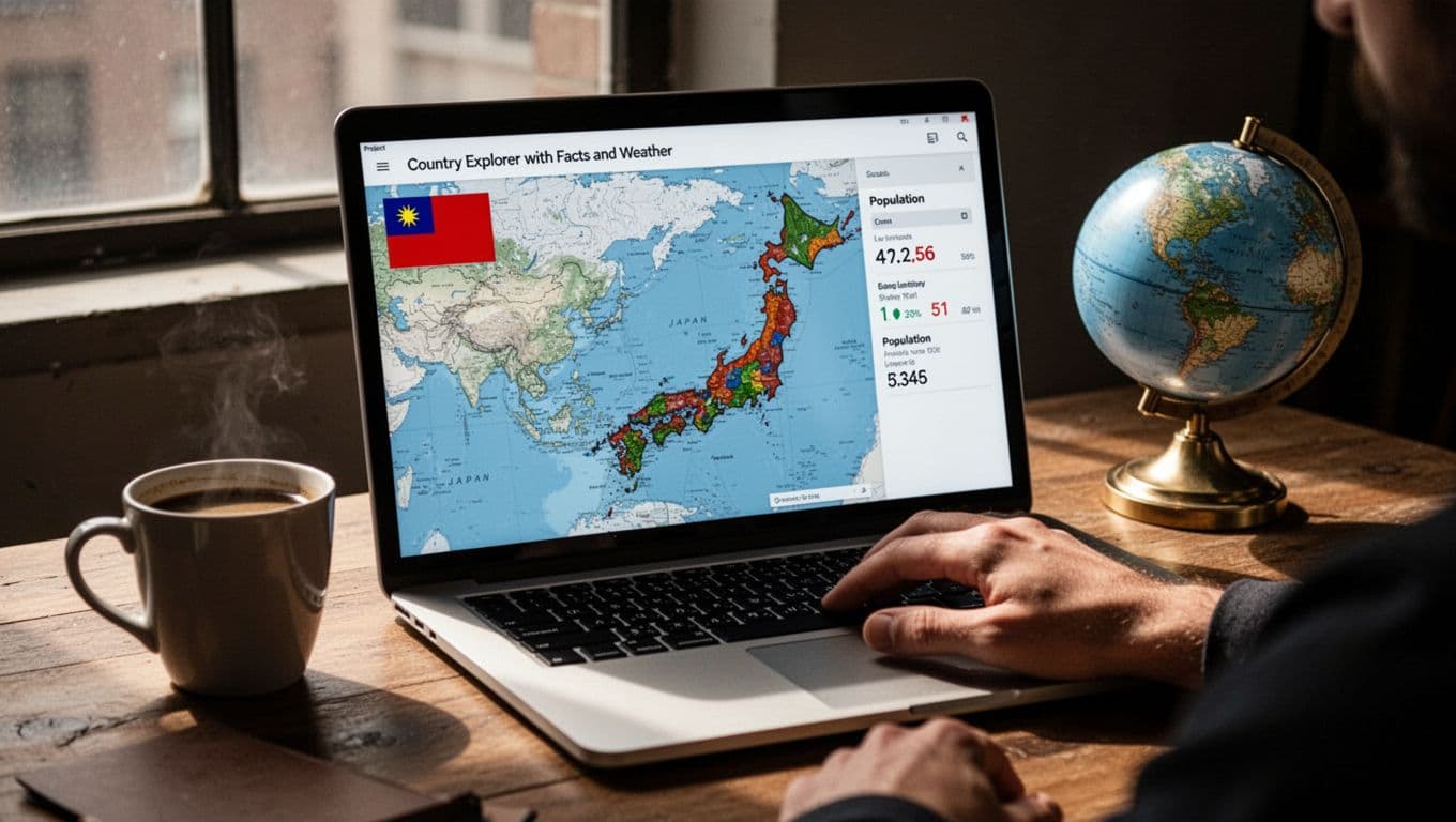 Laptop screen shows world map zoomed on Japan with flag and empty stats sidebar, developer hand relaxed on trackpad, coffee and globe nearby in dramatic cinematic light.