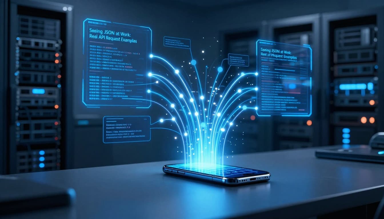 Dynamic holographic streams of JSON data packets flowing between a server rack and mobile phone on a modern desk.