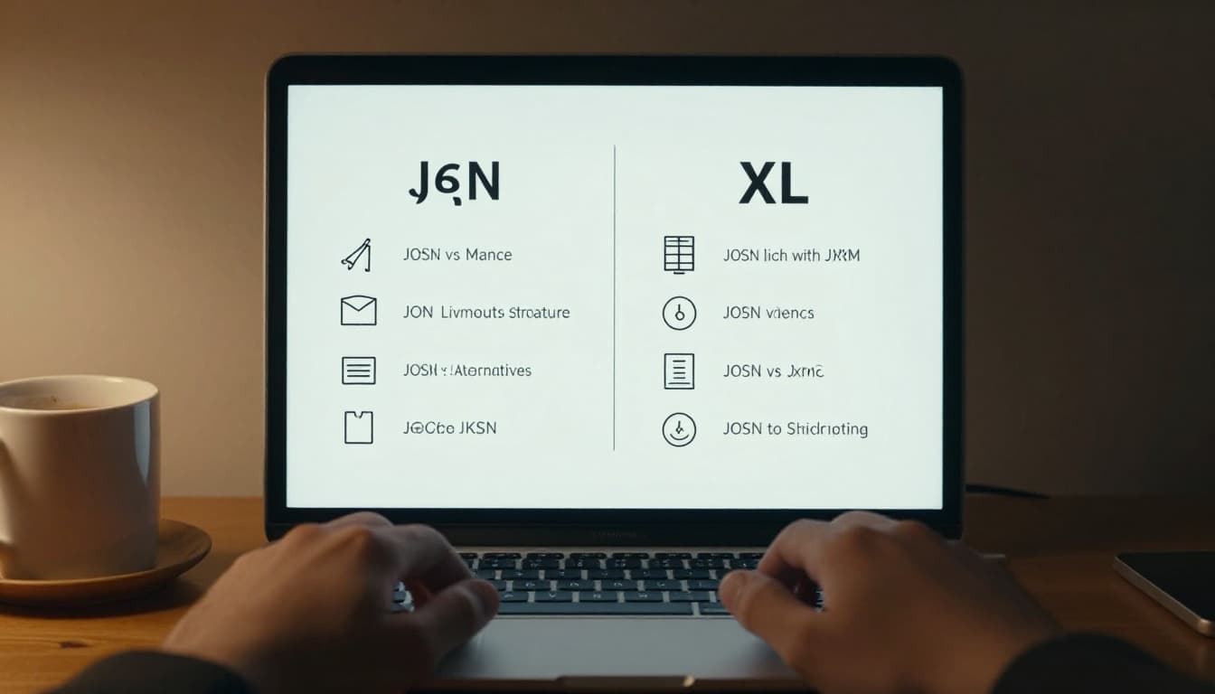 Split-screen laptop visualization comparing lightweight JSON structure to bulky XML with simple data size and speed icons, on a desk with coffee mug, cinematic warm lighting.