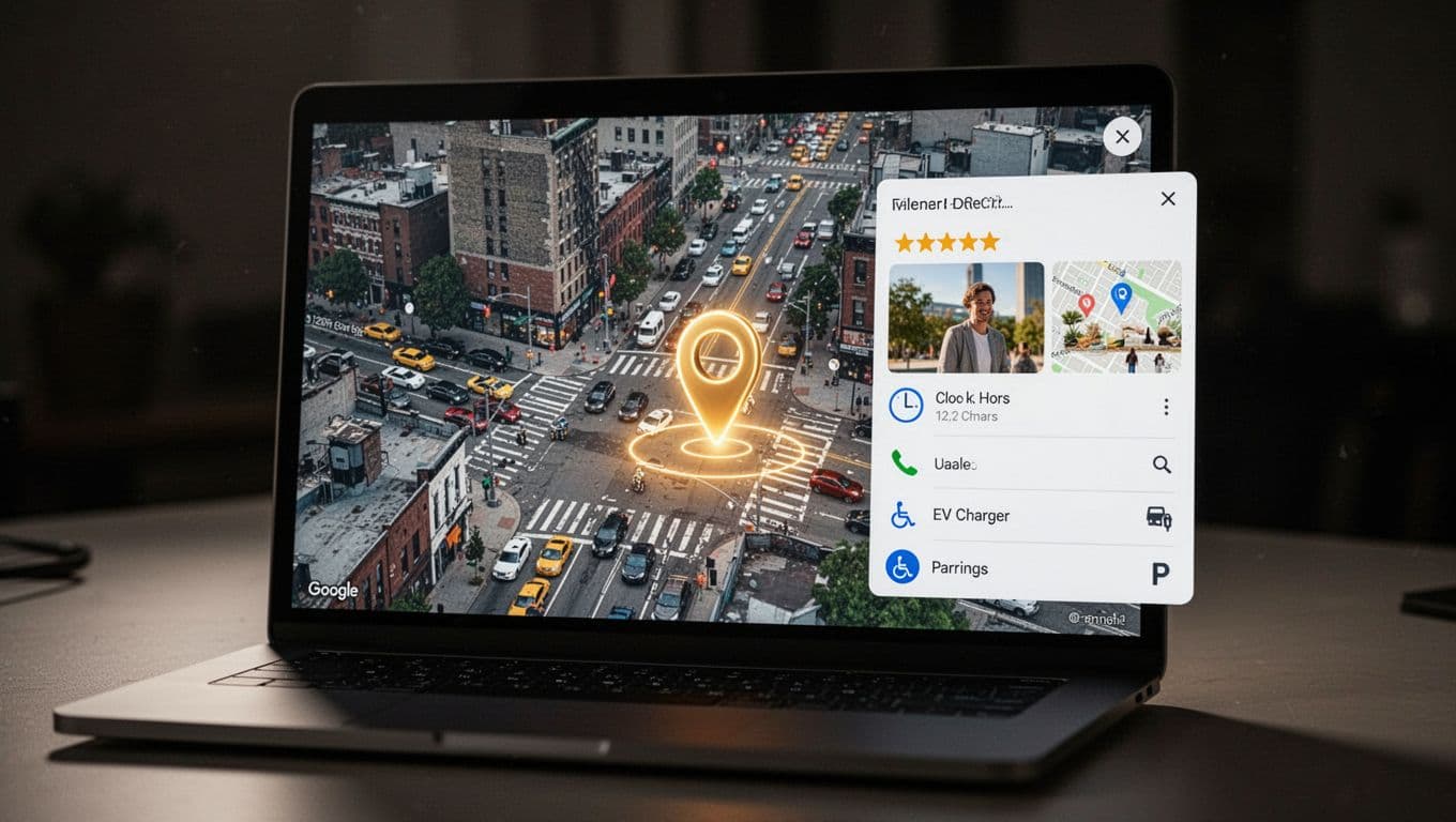 Interactive map close-up on a laptop screen featuring a single glowing pin on a busy urban street intersection, with an open info window displaying icons for star rating, hours, photo thumbnail, phone, wheelchair accessibility, EV charger, and parking in a hybrid street-satellite view.