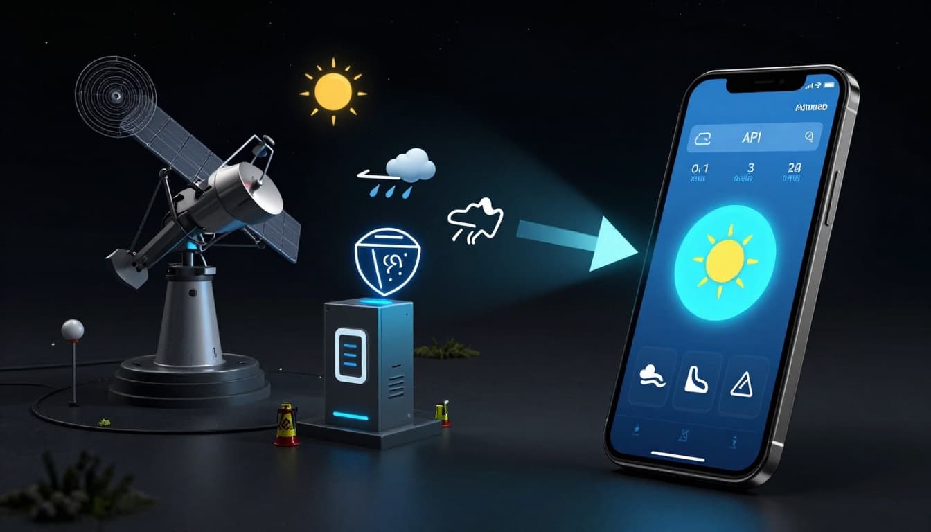 Illustration of a smartphone running a weather app sending a request arrow to a central API server surrounded by satellites, weather stations, and radar icons, with the server responding with weather data icons for temperature, rain, wind, and sun in a cinematic style.