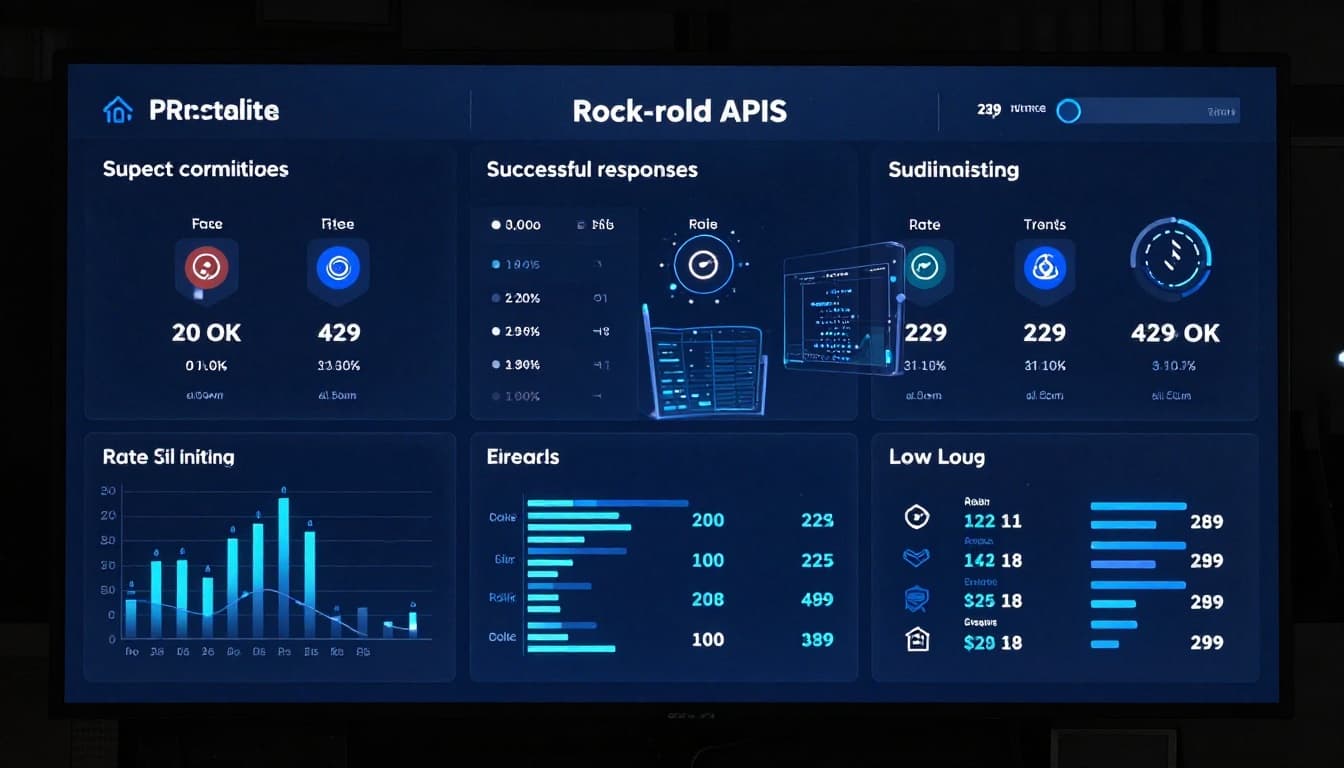 Modern API dashboard in a control room style with floating holographic displays showing successful responses, rate limiting indicators, and low error rates via charts and icons, featuring cinematic blue-toned lighting and strong contrast, no people or text.