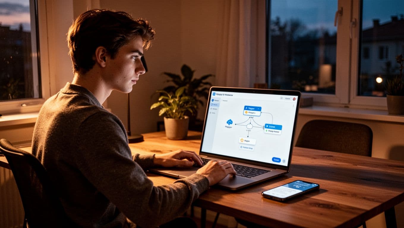 A focused young professional sits at a modern wooden desk in a cozy home office at dusk, with a laptop open to a no-code automation dashboard showing a weather API connection flow featuring trigger and action steps.