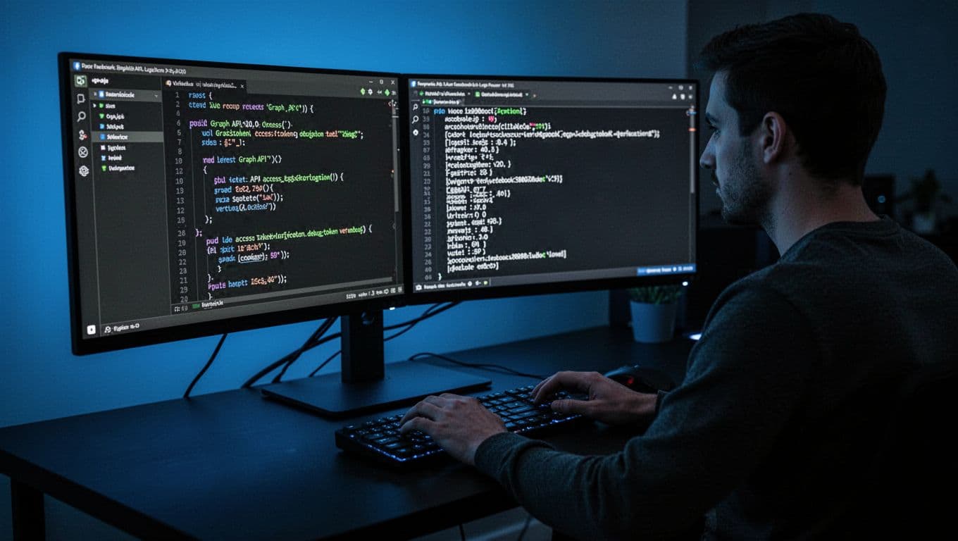 A focused developer sits at a sleek desk in a dark cinematic workspace, with dual monitors displaying Node.js code for Graph API v20.0 access token verification via debug_token endpoint and a terminal showing API response in dark mode.