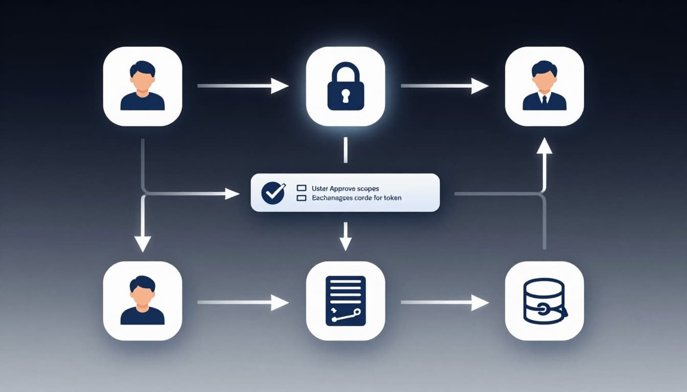 Visual flowchart illustrating the five main steps of the OAuth 2.0 Authorization Code Flow: user login, redirect to provider, scope approval, token exchange, and data fetch, connected by glowing arrows in a cinematic style with no text.