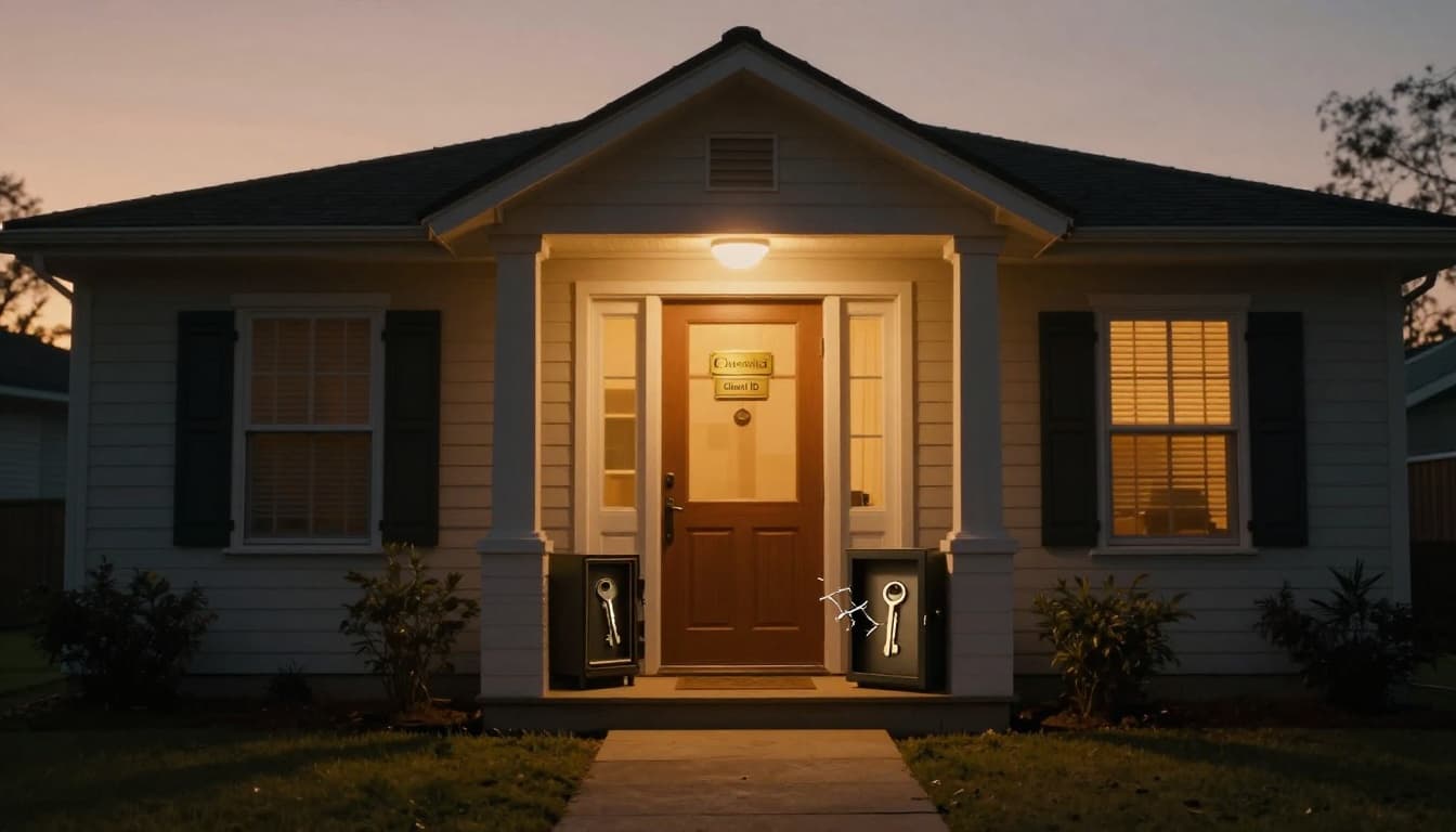 A cozy house at dusk represents a web app with a brass nameplate as client ID, hidden safe revealing a key as client secret, and a welcoming lit front door path as redirect URI. Cinematic style with dramatic warm sunset lighting and strong contrast.
