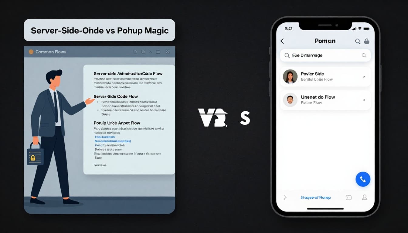 Split-scene illustration comparing secure server-side OAuth token exchange on the left with instant popup login in a browser on the right, divided centrally in a cinematic style with dramatic lighting and high contrast.