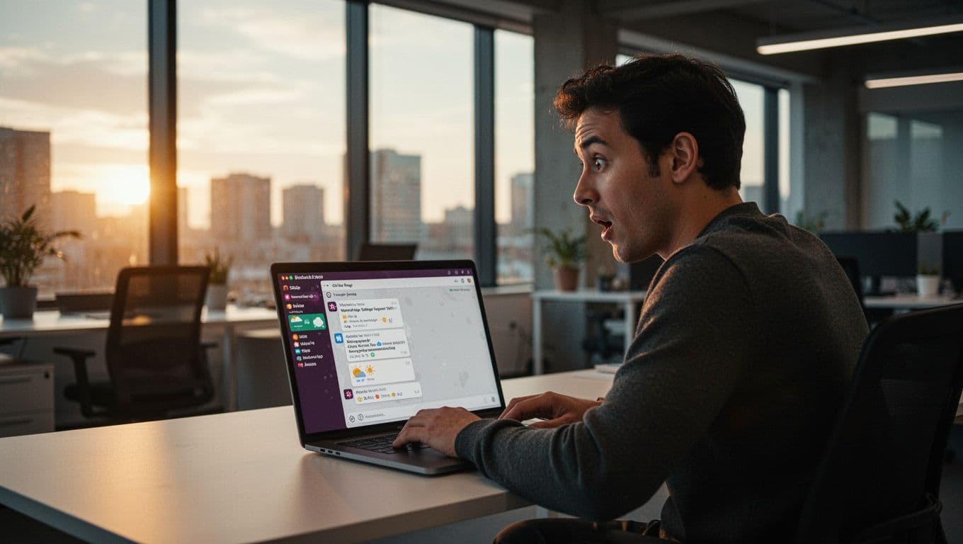 A single person in a modern open office with large windows during golden hour sits at a desk, glancing with mild surprise at a laptop displaying a subtle weather alert notification in Slack's sidebar, captured with dramatic cinematic lighting and depth of field.
